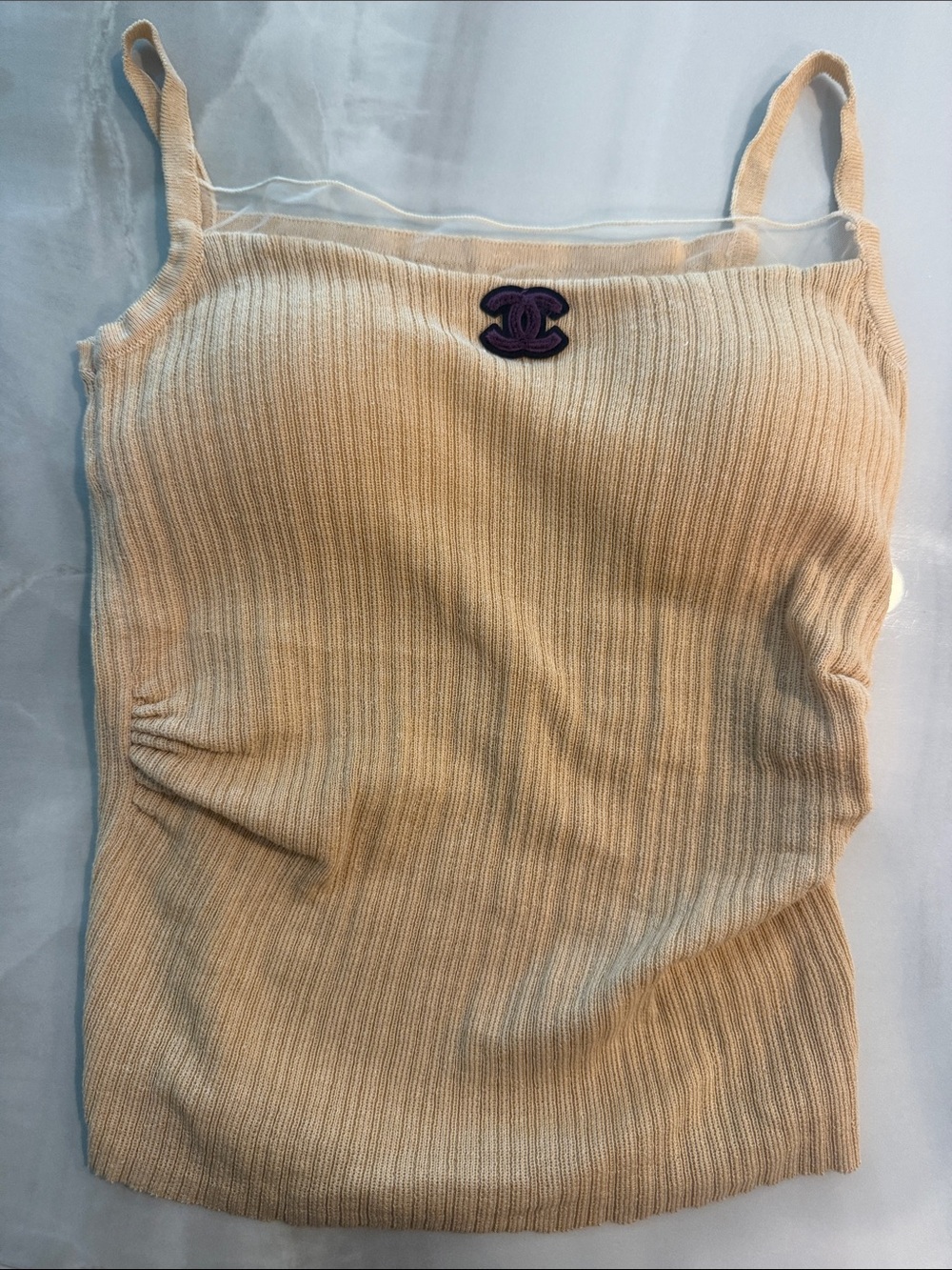 Beige Ribbed Tank Top with Purple CC Logo